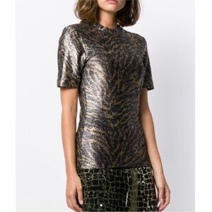 Ganni Lurex Top Metallic Tiger Stretch Tee Gold Black Fitted T-shirt XS NWOT